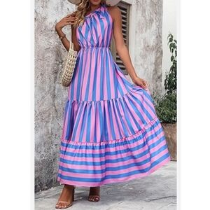 Pretty Garden Striped Pink and Blue Maxi Dress